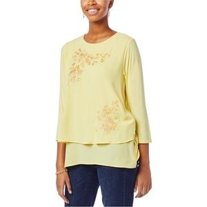 Diane Gilman Primary Yellow Floral Embroidered Layered Look Blouse Plus Size 2X